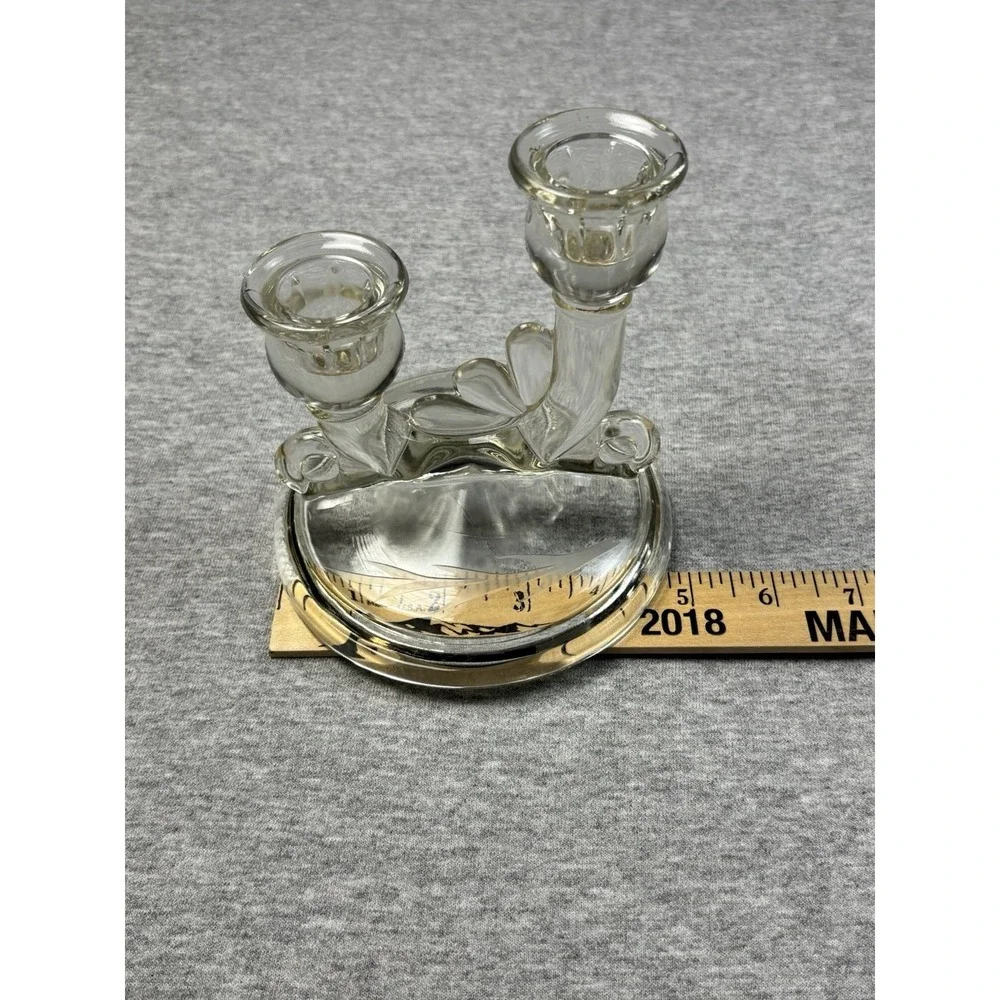 2 Glass Candle Holders VTG Jeanette 1950s Pair Clear Double‎ Lite 3375 Tulip Art